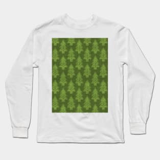 Green Evergreen Christmas Trees on Green Burlap Cloth Long Sleeve T-Shirt